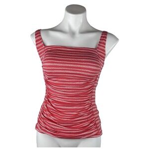 LL Bean Tankini Swim Top Women 10 REG Pink Stripe Square Neck UPF 50+ Adjustable